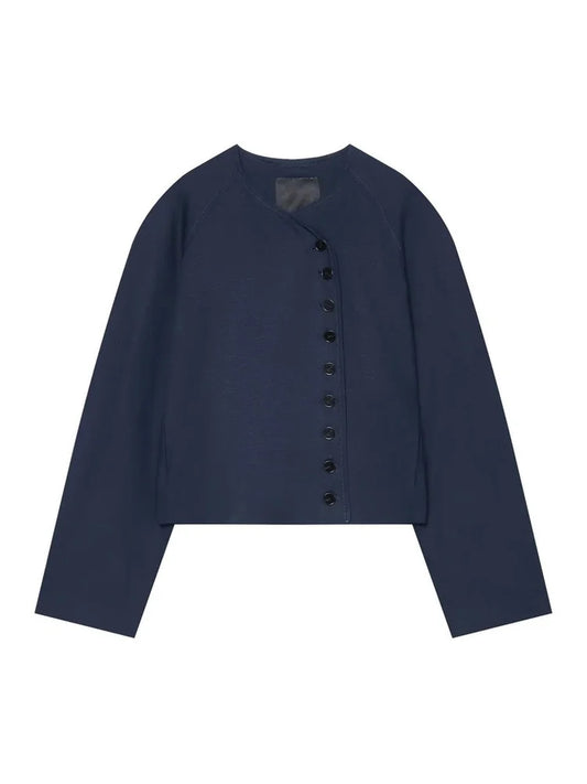 Women Collarless Cropped Blazer Round Neck Button Front Short Jacket Minimalist Loose Office Lady Casual Outerwear