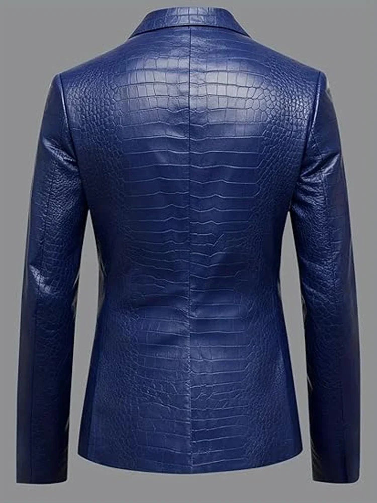 Men's Crocodile PU Leather Blazer Jacket Vintage Single Breasted Suit Coat Fashion Party Wedding Business Casual Outerwear