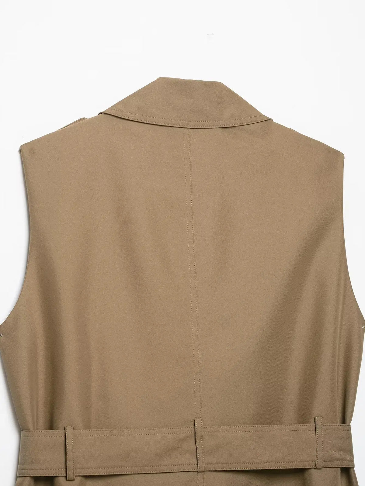 New Slim Fit Cropped Sleeveless Trench Vest Women Khaki Lapel Double Breasted Self Tie Belt Waist Cinching Street Outer Top