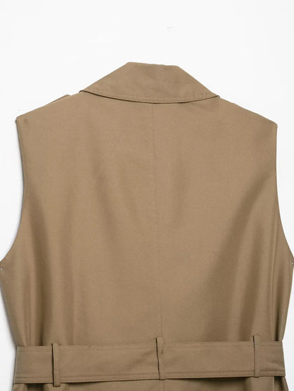New Slim Fit Cropped Sleeveless Trench Vest Women Khaki Lapel Double Breasted Self Tie Belt Waist Cinching Street Outer Top