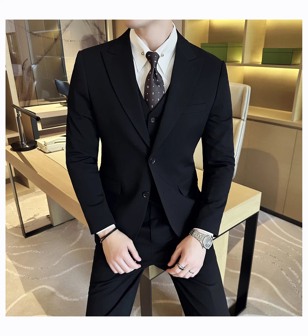 (Jacket + Vest + Pant) Men's Formal Slim Fit Business Work Wedding Stage Tuxedo Fashion Best Men Social Dress Suit 3 Pieces Set