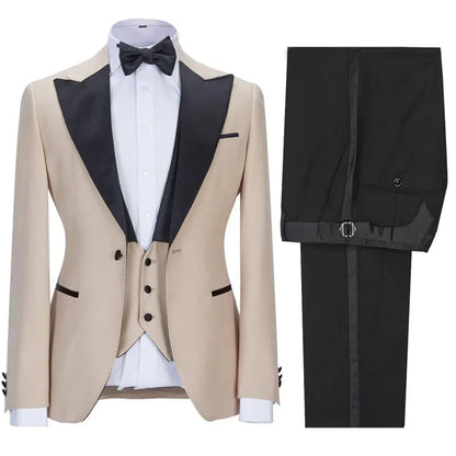 Men Suit 3 Pieces Beige With Black Lapel Single Button For Wedding Business Banquet Party Office Daily Work Jacket Vest Pants