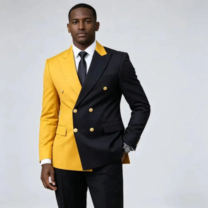 Costume Homme Vert Noir Contraste Couleurs Coupe Slim Double Boutonnage 2 Pièces Tuxedo Mariage Poches à Rabats Boutons de Manchette Tenue de Bureau