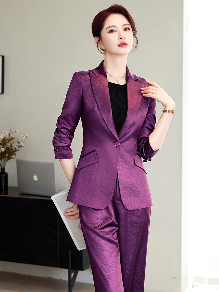 High Quality Women Purplish Red Pant Suit Female Solid Single Button Blazer and Trouser 2 Piece Set For Office Ladies Work Wear