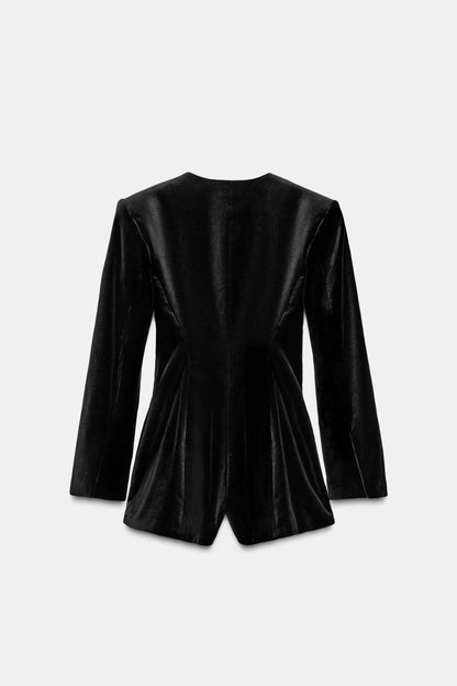 Spring 2026 Dark Style Short Velvet Suit One-Piece Pants Women Slimming Long Sleeve Business Casual Fashionable Tracksuit