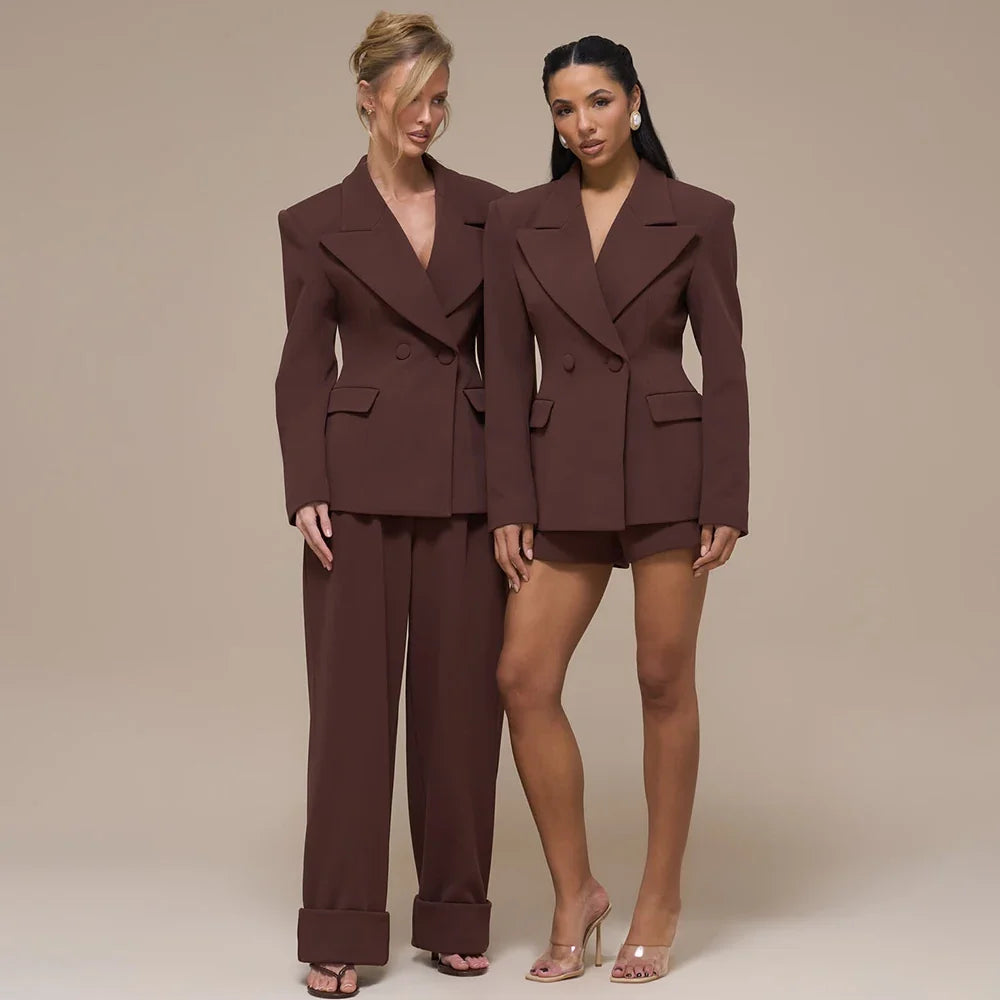 High-end Women's 2 Piece Suit Peaked Lapel Double Breasted Jacket+Pants Set Formal Evening Party Outfit Elegant Office Wear