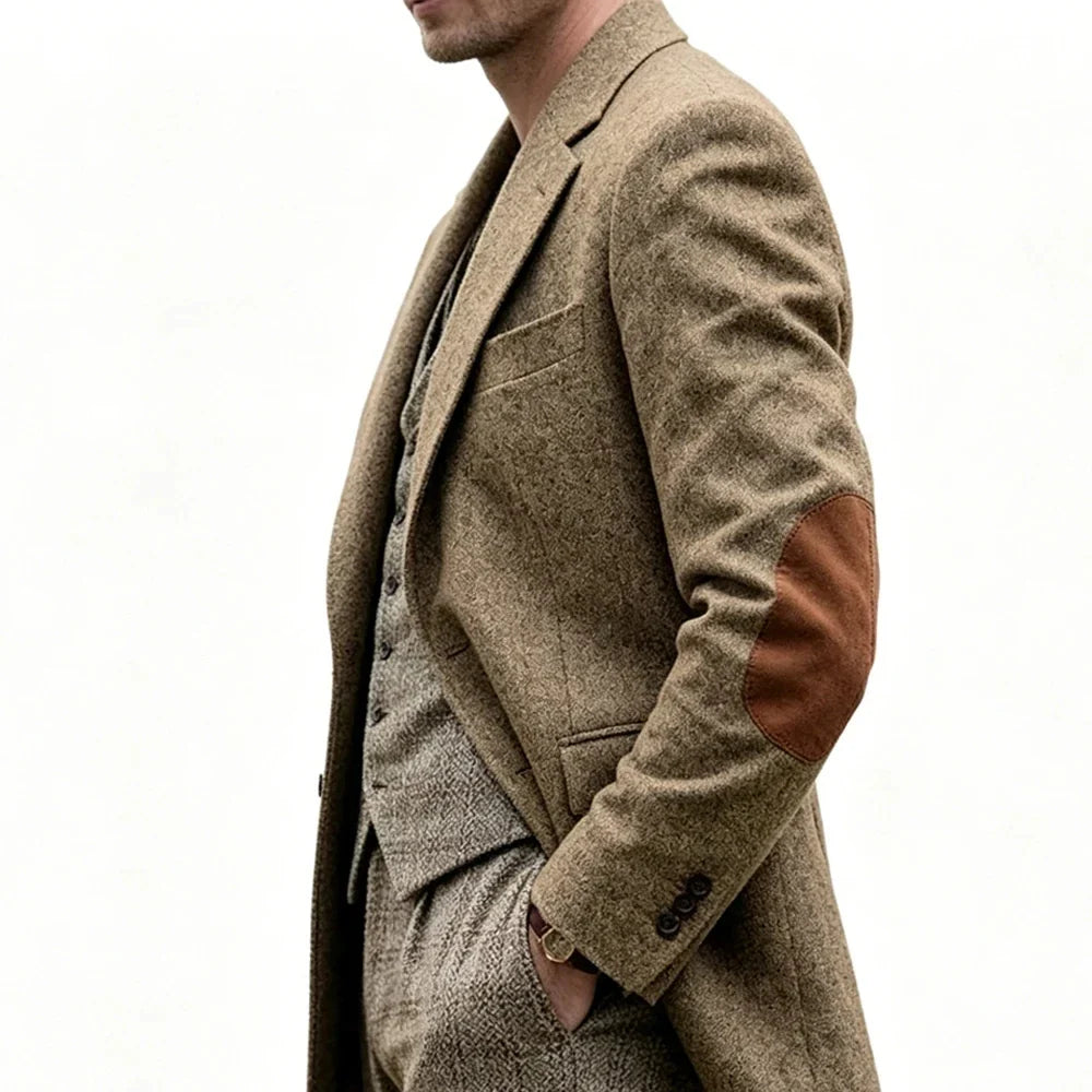 Men's Herringbone Blazer Notched Lapel With Elbow Patches Casual Suit Jacket For Business Wedding Daily Wear Party