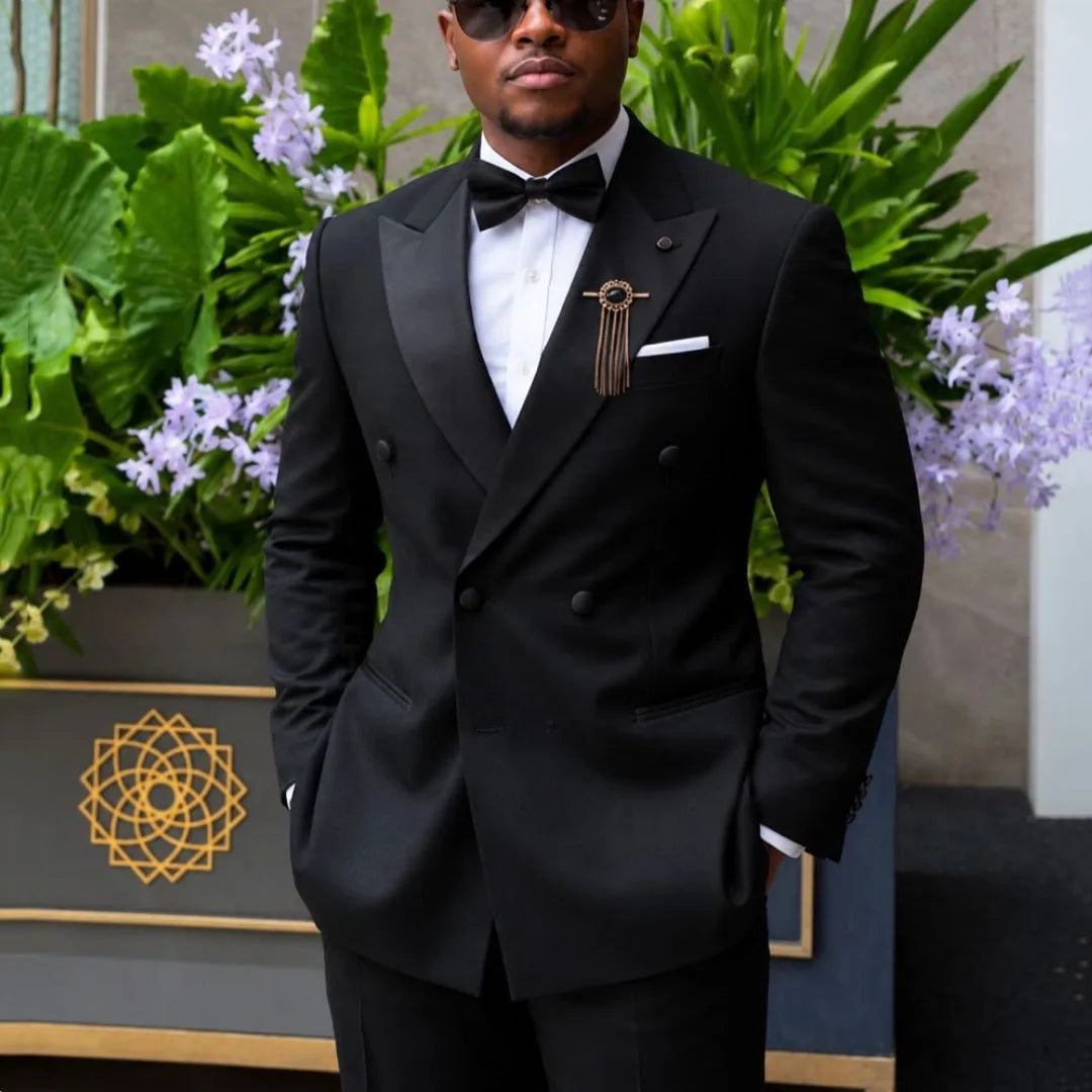 Men Suit Black 2 Piece Double Button With Bright Lapel For Wedding Groom Birthday Party Banquet Business Work Suit Jacket Pants