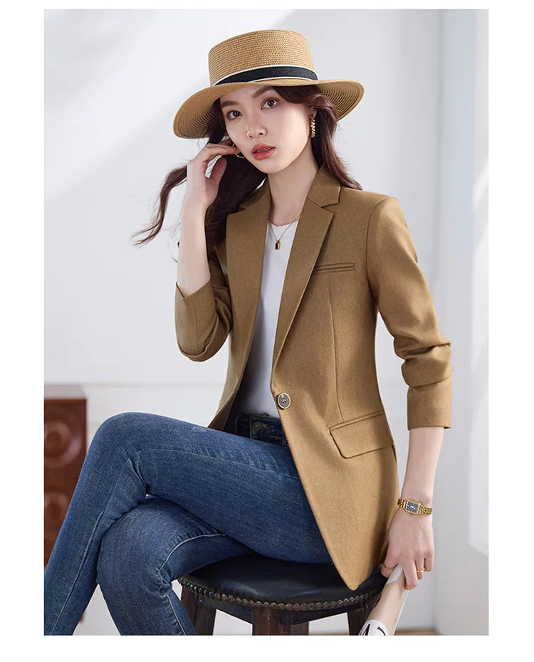 Elegant Solid Women's Blazer Long Sleeve Turn down Collar Slim Fit Office Jacket Single Button Spring Autumn Fashion