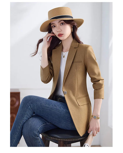 Elegant Solid Women's Blazer Long Sleeve Turn down Collar Slim Fit Office Jacket Single Button Spring Autumn Fashion