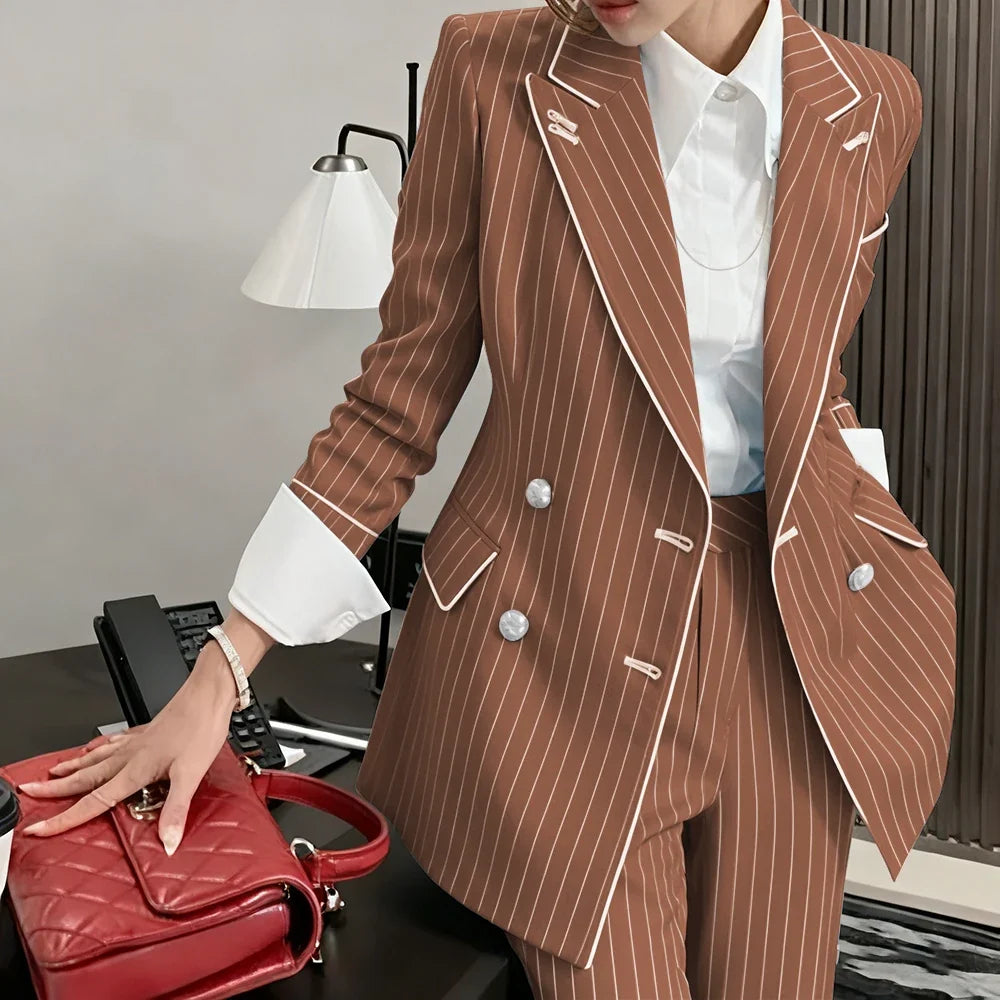 Slim-fit Women's Suit Modern Striped 2 Piece(Jacket+Pants) Set Classic Retro Blazer Daily Office Wear Business Formal Attire