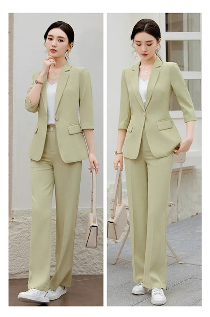Office Pant Suits for Women Three Quarter Streetwear Casual Two Piece Set 2024 New Spring Summer Single Button Solid Pant Suits