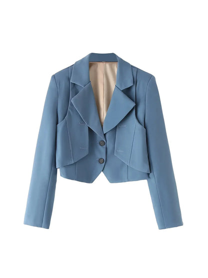 Women's Blue Blazer Jacket Vintage Office Ladies Long Sleeve Single Breasted Cropped Outerwear Suit Coat Y2k 2000s Spring Autumn