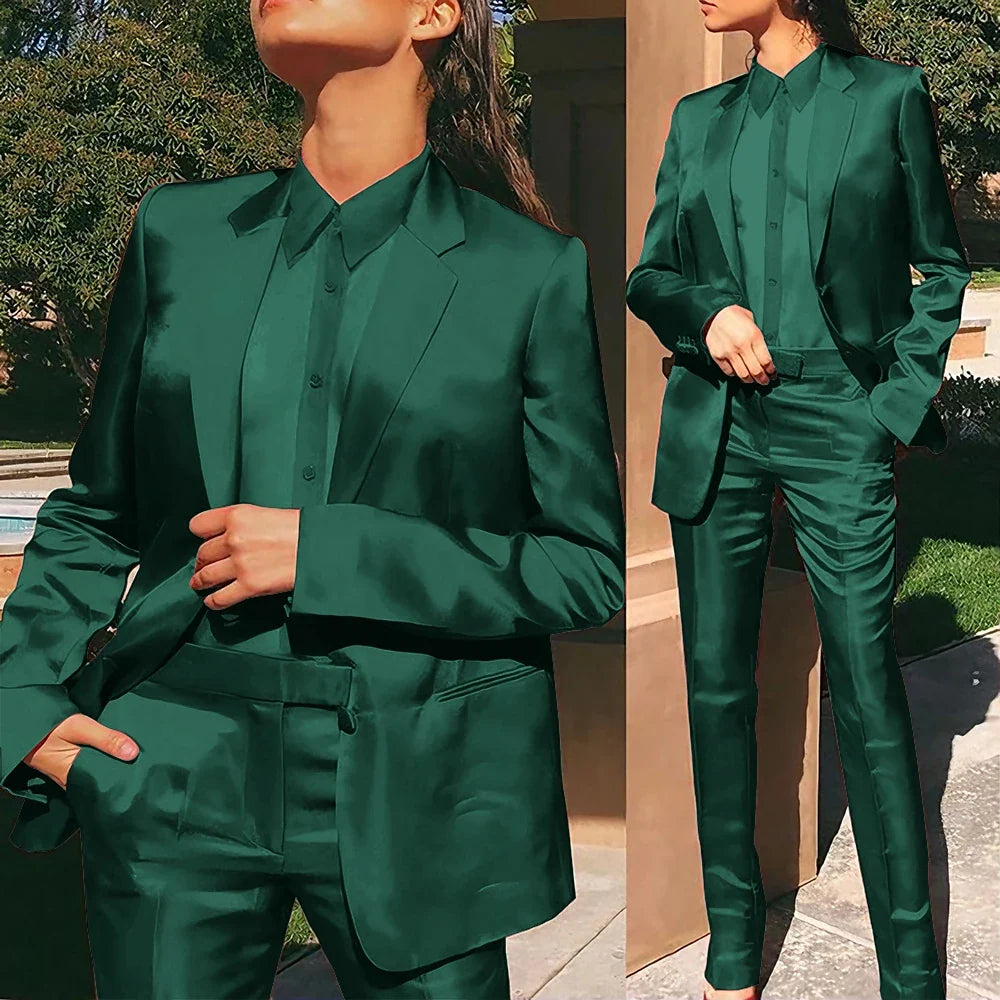 Women’s Red Satin Suit 2 Piece (Jacket+Pants) Set Gorgeous Single-breasted Blazer for Evening Party Formal Cocktail Streetwear