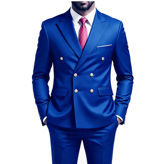 Men's Double Breasted Tuxedo Suit with Peak Lapel and Gold Buttons for Parties