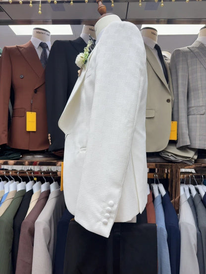 White Fully Jacquard Suit Set 3 Pieces For Men Wedding Groom Sets Handsome Elegant Shawl Lapel Men's Suits Party Tuxedo S-3XL