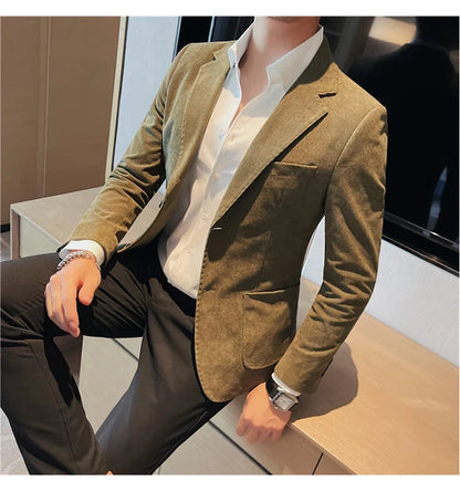 2023 Fashion Men's Corduroy Blazers Top Quality Business Casual Suit Jackets Slim Fit Wedding Groom Streetwear Social Dress Coat