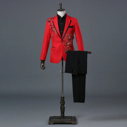 Exquisite Embroidery Beaded Suit Set 2 Pieces Dancing Wear Notched Lapel Handsome Men's Slim Fit Suits Wedding Party Tuxedo