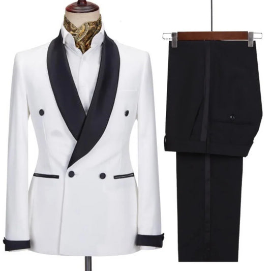 Men Suit 2 Pieces White Black With Bright Lapel Double Button For Wedding Groom Banquet Work Business Daily Jacket And Pants