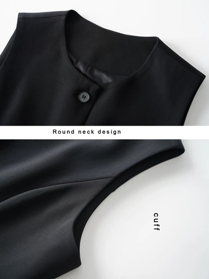Black Round Neck Single-Breasted Fashion Vest for Women, Spring & Fall Fashionable Slim Sleeveless Suit Vest Top for Outer Wear