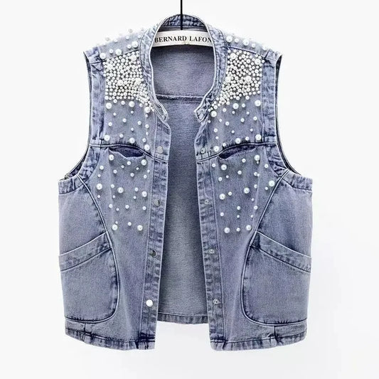 2023 New Summer Women's Beaded Denim Vest Coat Sleeveless Tops Cropped Streetwear Jean Jacket Korean Fashion Waistcoat
