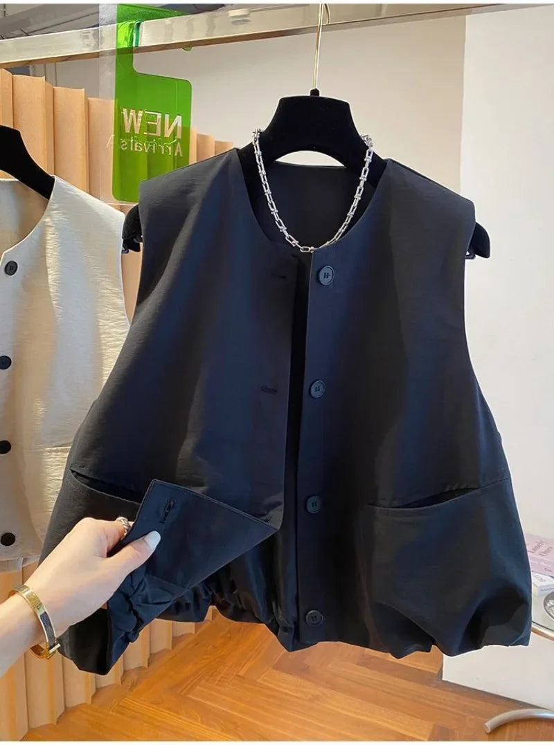 Vest Female Spring Autumn Casual Lined Waistcoat Women O-Neck Sleeveless Jacket Women Solid Single-breasted Vest Coat