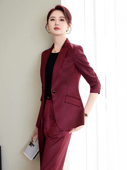 High Quality Women Purplish Red Pant Suit Female Solid Single Button Blazer and Trouser 2 Piece Set For Office Ladies Work Wear