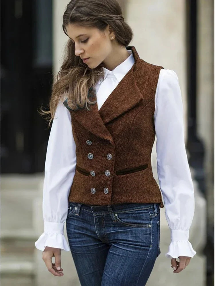 Women's Vest Double Breasted Herringbone Slim Fit Sleeveless Jacket for Casual & Work