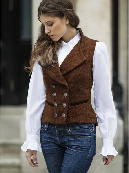Women's Vest Double Breasted Herringbone Slim Fit Sleeveless Jacket for Casual & Work