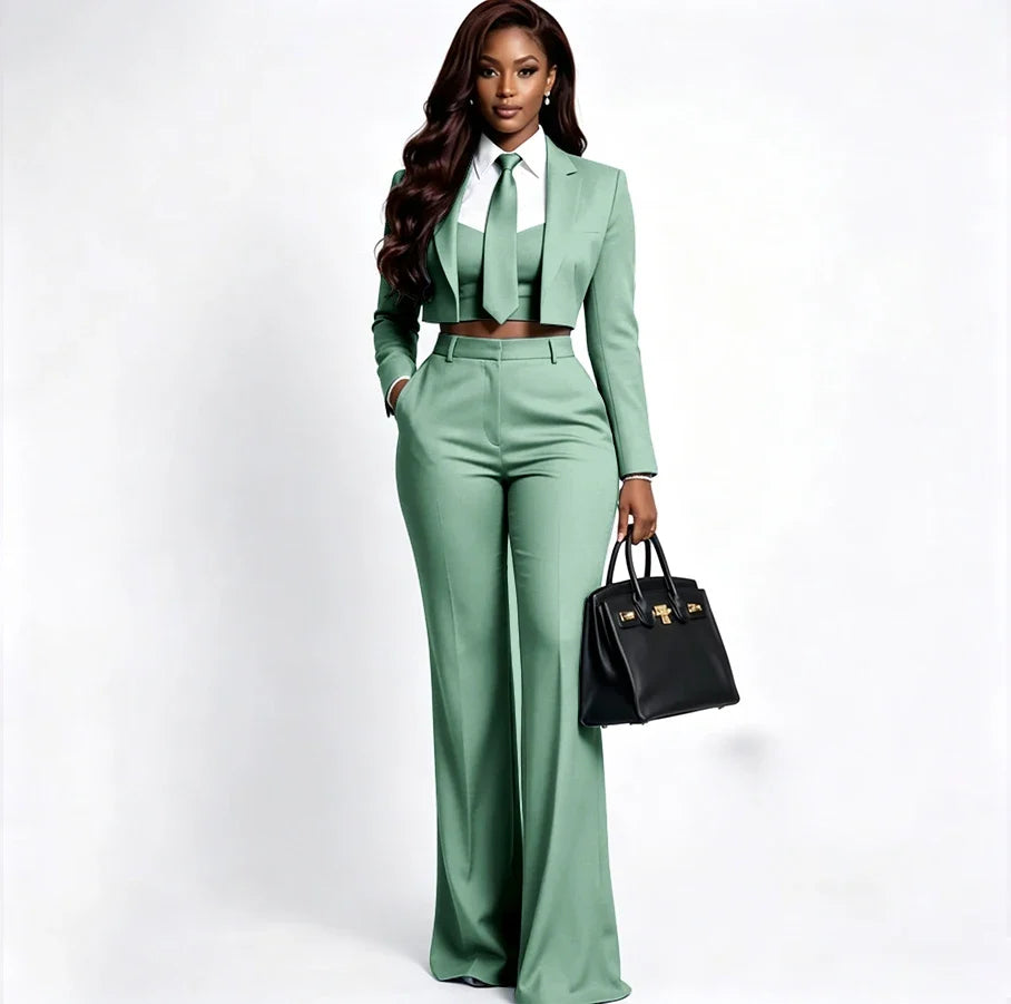 Sharp Women's Burgundy Suit Tailored Cropped Jacket+Wide Leg Pants 2 Piece Set Formal Evening Party Female Clothing