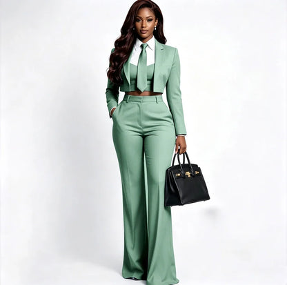 Sharp Women's Burgundy Suit Tailored Cropped Jacket+Wide Leg Pants 2 Piece Set Formal Evening Party Female Clothing