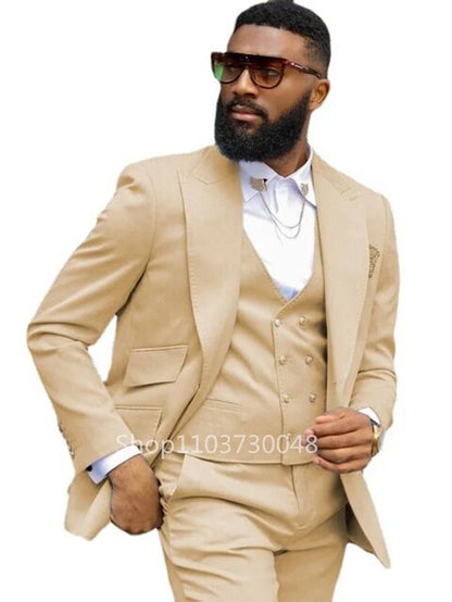 Formal Solid Men 3 Piece Wedding Suit Groom Tuxedo Slim Fit Peak Lapel Jacket Business/Wedding Suit Sets(Blazer+Pants+Vest)