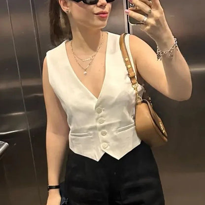 Cropped Formal Vests Woman Office Sleeveless Women's Suit Vest Summer Button Black White Short Vest Casual Working Vest