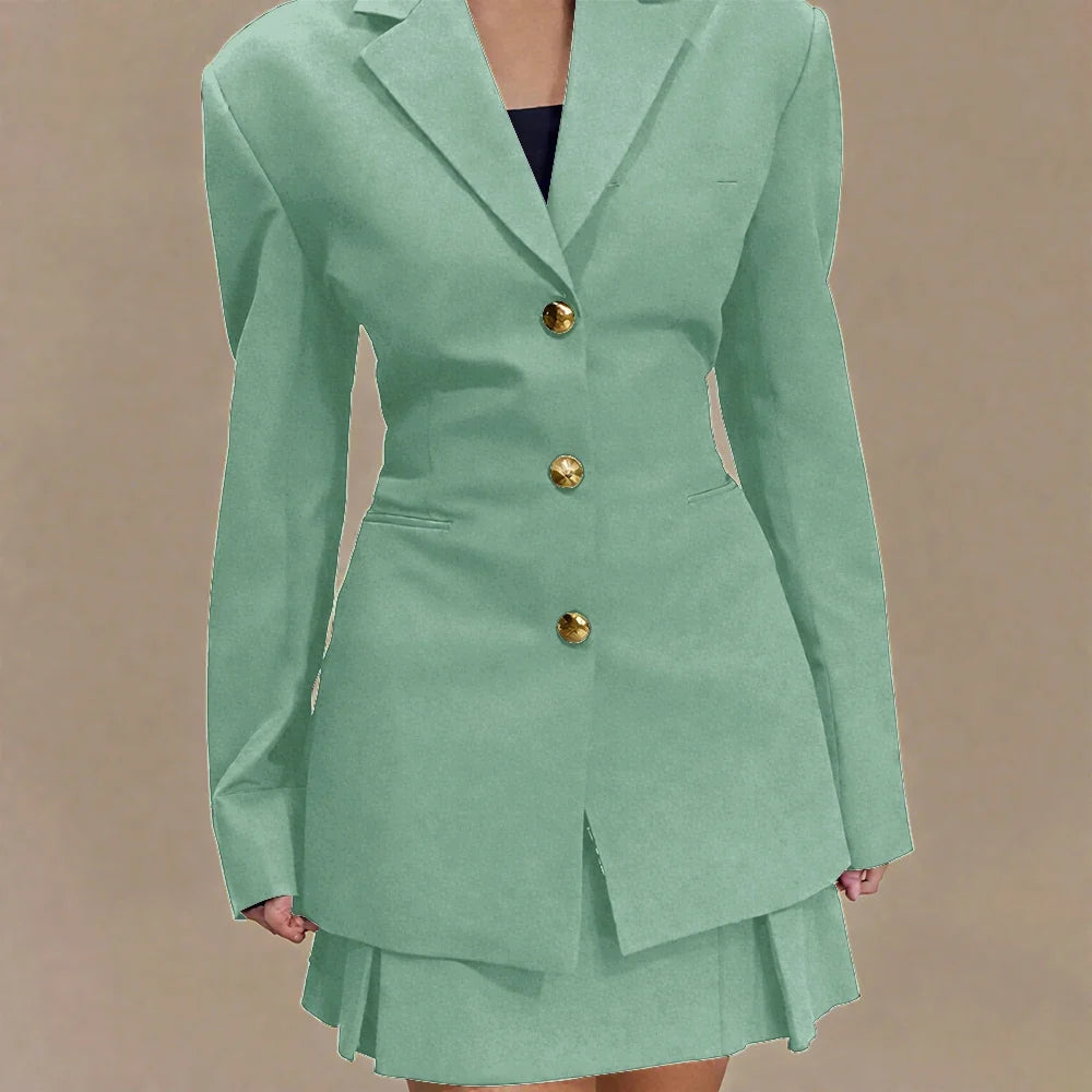Women's Pleated Skirt Suit Set 2025 2Pieces(Tailored Blazer&High Waist Skirt) Office Chic Single-breasted Notch Lapel Outfit