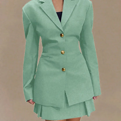 Women's Pleated Skirt Suit Set 2025 2Pieces(Tailored Blazer&High Waist Skirt) Office Chic Single-breasted Notch Lapel Outfit