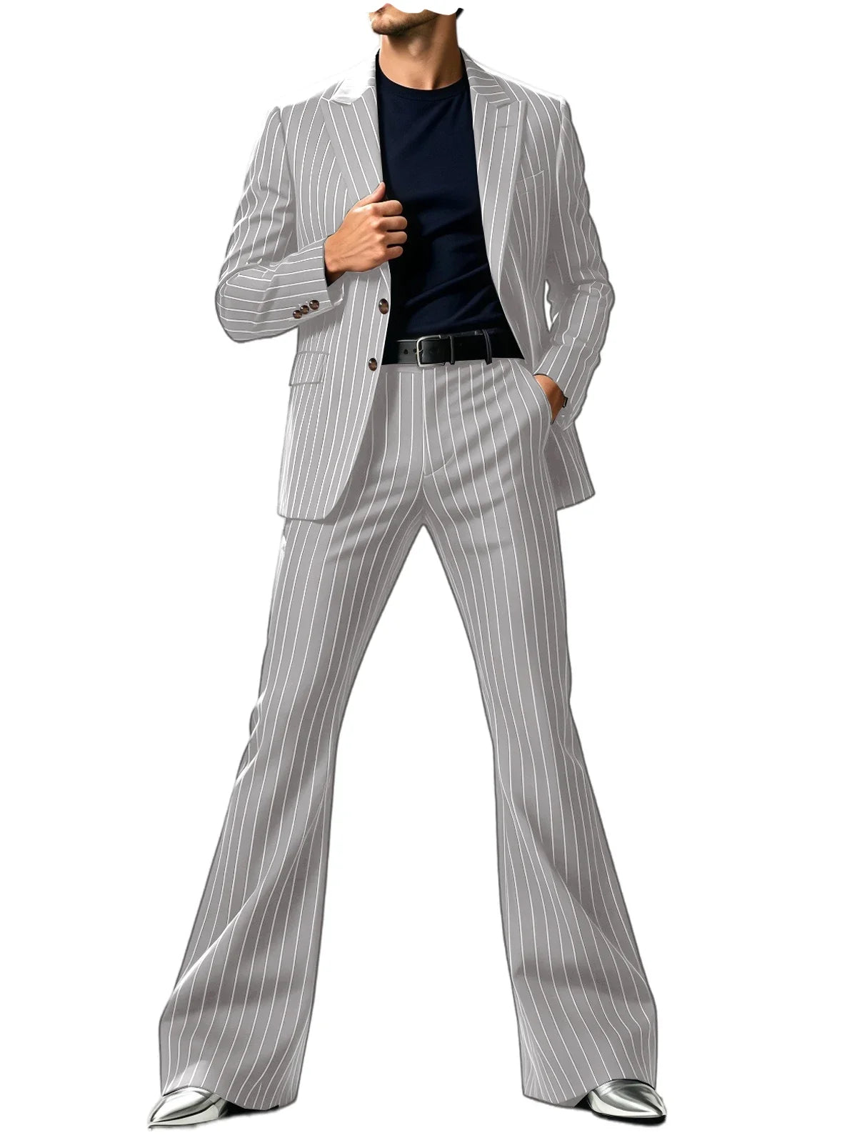 Men's Suit 2-Piece Slim Fit Pinstripe Blazer & High Waist Flared Pants for Business Casual and Formal Occasions