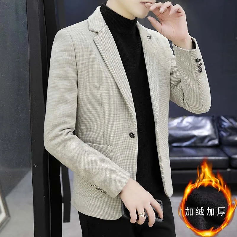 Blazer: An Outdoor Fashion Business Gentleman Pure Color Wedding Host Slim-fit Casual Korean-style Versatile Men Fleece Blazer