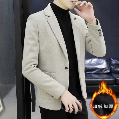 Blazer: An Outdoor Fashion Business Gentleman Pure Color Wedding Host Slim-fit Casual Korean-style Versatile Men Fleece Blazer