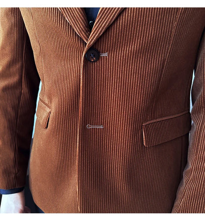 Corduroy Stripe Suit Jacket For Men Autumn Winter Business Slim Fit Tailcoat Formal Wedding Party Fashion Casual Suit Coat 4XL-M