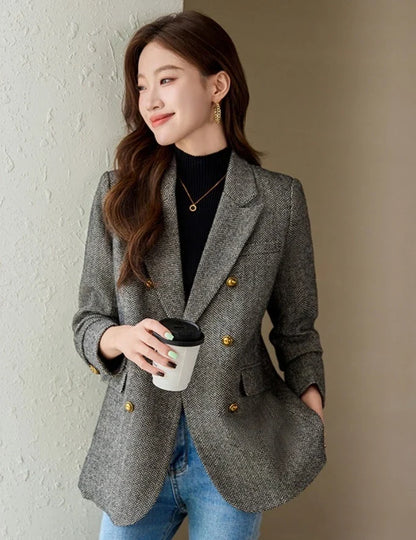 Fashion Grey Blazer Women Coffee Long Sleeve Casual Jacket for Autumn Winter Female Coats Double-Breasted Suit Women’s Clothing
