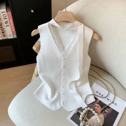 Yellow Lace Splicing Knitted Vest Women's Summer New French Small Fragrance Fashion Sleeveless vest Strap Waistcoat Tank Tops