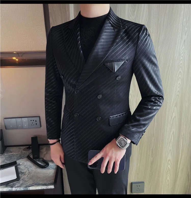 British Style Double Breasted Suit Jacket Men Striped Casual Business Blazers High Quality Wedding Social Banquet Dress Coats