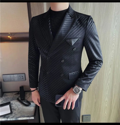 British Style Double Breasted Suit Jacket Men Striped Casual Business Blazers High Quality Wedding Social Banquet Dress Coats