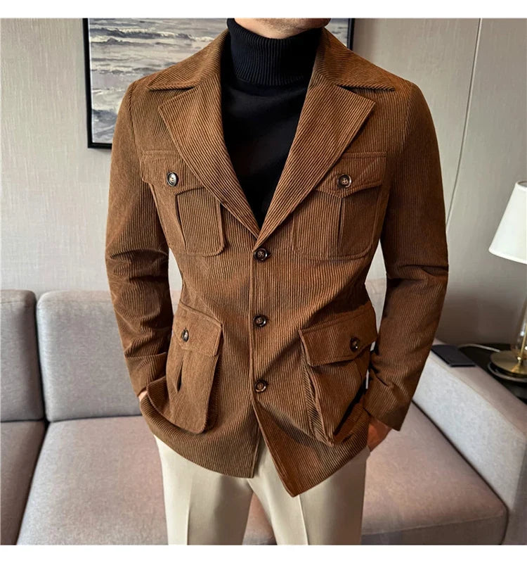 Autumn Winter Corduroy Medium Long Hunting Jacket Men's Fashion Thick Suit Jacket Casual Business Blazers Social Streetwear 2025