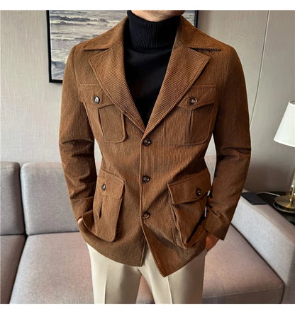 Autumn Winter Corduroy Medium Long Hunting Jacket Men's Fashion Thick Suit Jacket Casual Business Blazers Social Streetwear 2025