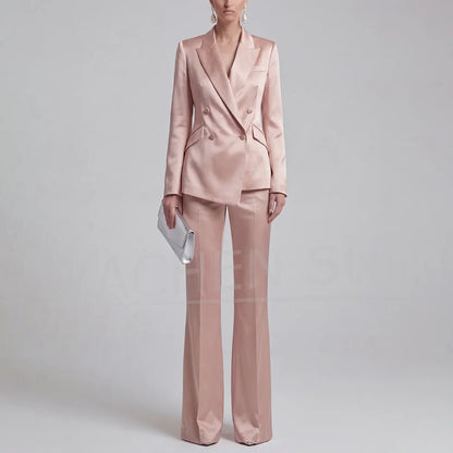 Fashion Satin Women Suit 2 Piece Peak Lapel Slim Wear Elegant Business Casual Party Chic Lady Formal Outfit (Jacket+Trousers)