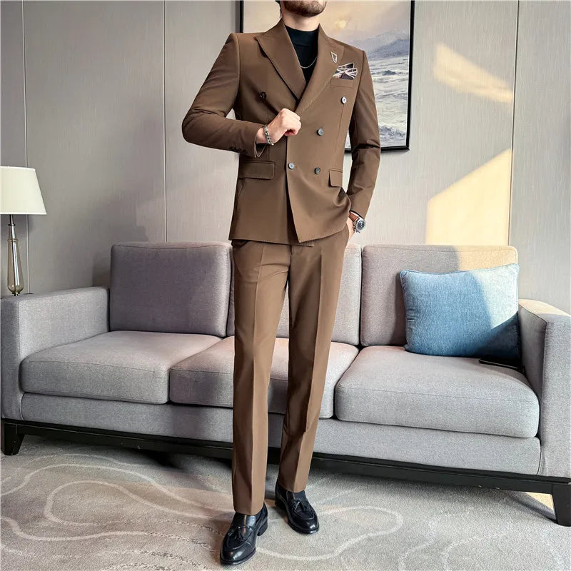 Brand Two-piece Suit for Men British Style Double Breasted Casual Business Suit Blazer Trousers Office Party Prom Wedding Suits