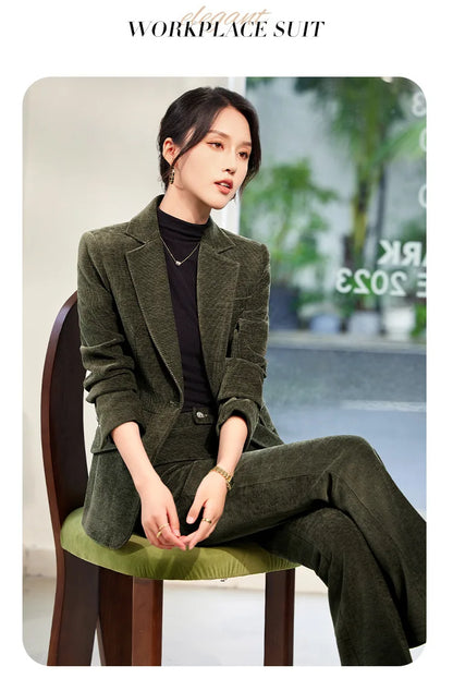 2024 Autumn New Corduroy Elegant Pant Suit Ladies Formal Business Work Wear 2 Piece Set Green Wine Jacket Blazer And Trouser