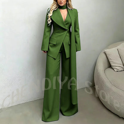 Classic Black Women Suit Set Double Breasted Asymmetrical Blazer Pants with Muffler Formal Office Elegant Two Piece Outfit