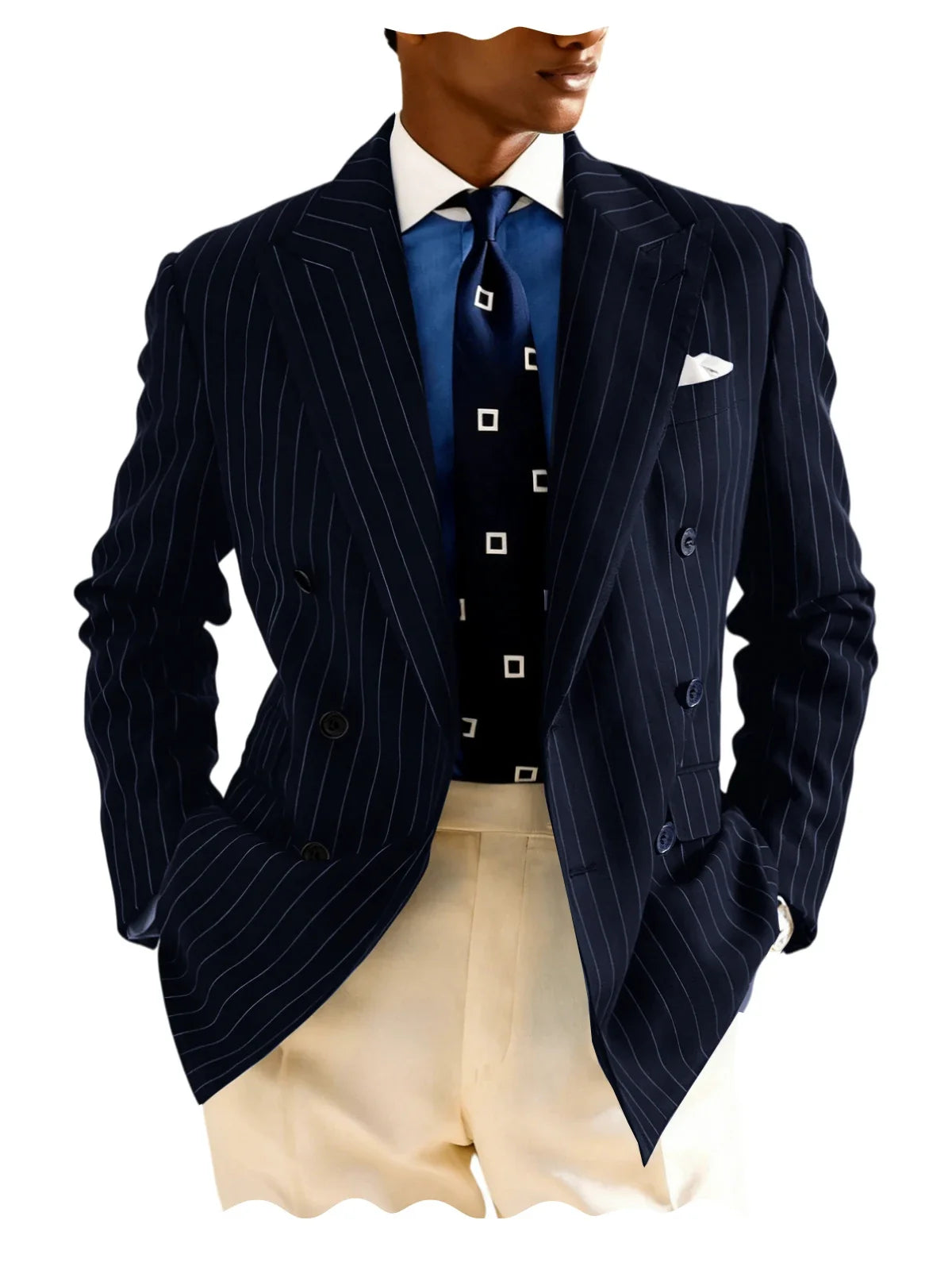 Navy Blue Striped Pattern Business Suit Jacket Double Breasted Slim Fit Blazer Casual Formal Attire Office Groom's Wedding Dress